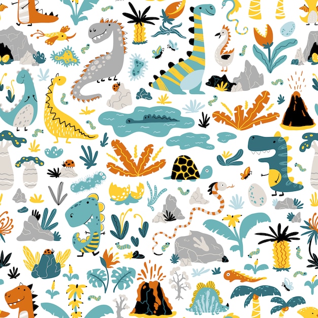 Cute seamless pattern with a variety of dinosaurs