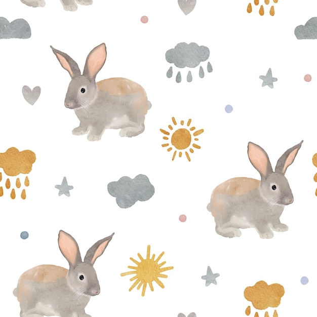 Cute seamless pattern with watercolor rabbit or bunny Easter bunnies sun clouds stars and dots