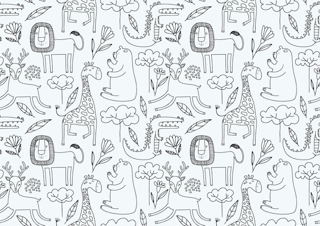 Cute seamless pattern with wild animals line art