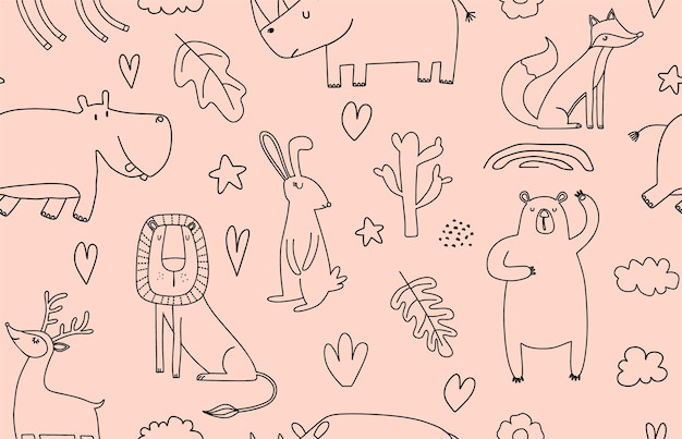 Cute seamless pattern with wild animals line art