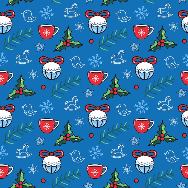 Cute seamless pattern with winter elements on a blue background. funny vector ð¡hristmas background