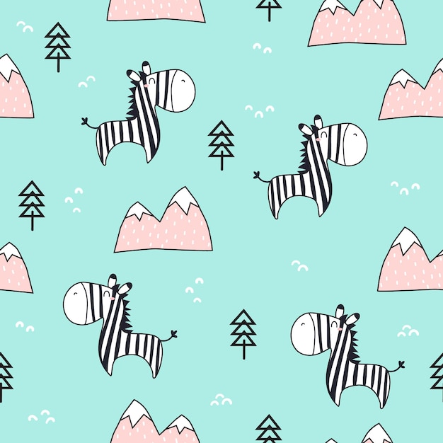 Cute seamless pattern with zebra. Vector childish illustration. Suitable printing on textile, fabric