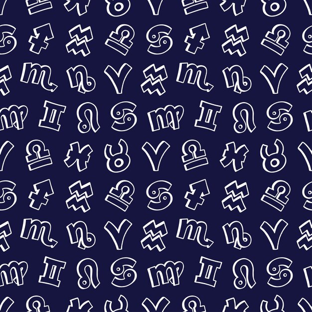 Cute seamless pattern of zodiac signs on a dark blue background. hand-drawn illustration