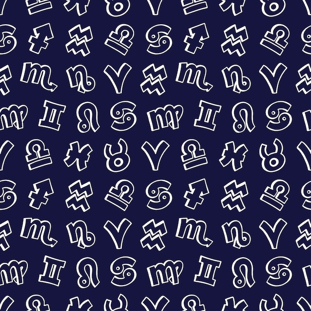 Cute seamless pattern of zodiac signs on a dark blue background. hand-drawn illustration