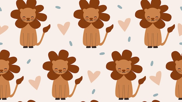 Vector cute seamless vector pattern illustration with hand drawn cartoon lions and hearts