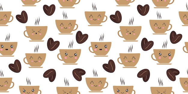 Cute seamless vector pattern in Kawaii style with espresso cup and coffee beans Lovely repeatable smiling coffee cup print perfect for wrapping paper fabric textiles Vector