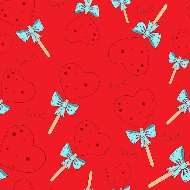 Cute seamless vector pattern with heartshaped cartoon candies