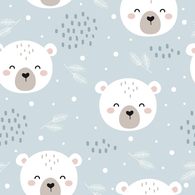 북극곰과 함께 귀여운 원활한 벡터 패턴입니다. 유치 한 만화 동물 배경입니다. 직물을 위한 디자인