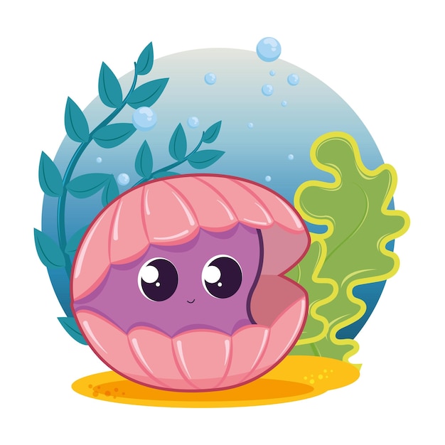 Cute seashell character and seaweed Sealife Vector