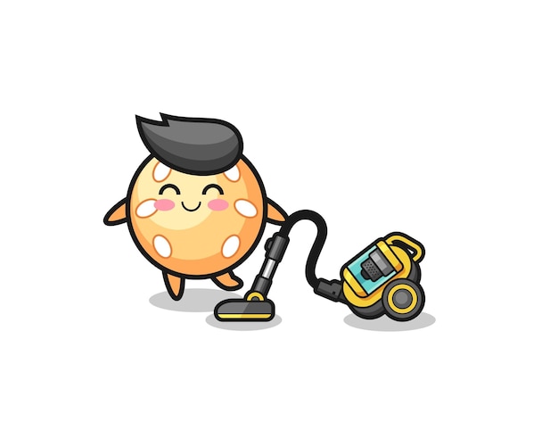 Cute sesame ball holding vacuum cleaner illustration