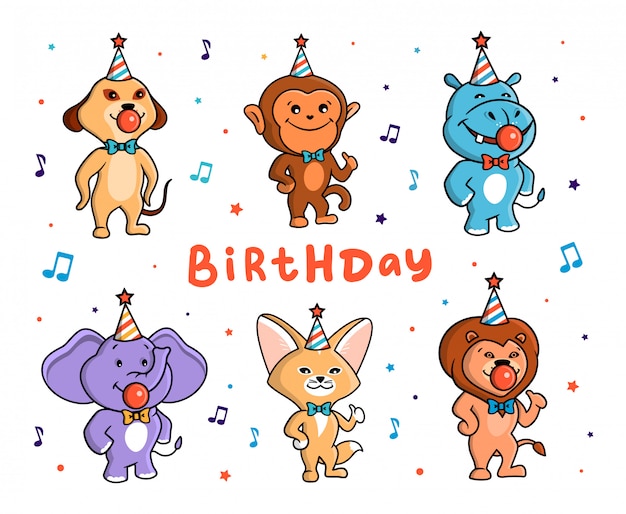 The cute set of animals for a happy birthday. african characters with bow-ties, chewing gums, and hats.