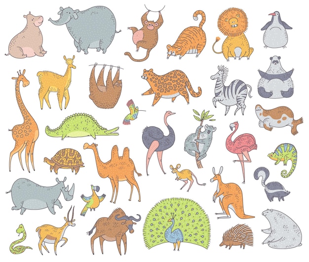 Simpatici animali insieme. illustrazione di caratteri di doodle del fumetto di vettore su priorità bassa bianca.