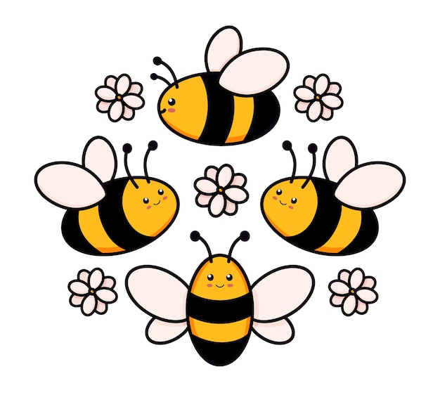 Cute set of bees in a round frame vector illustration in doodle style