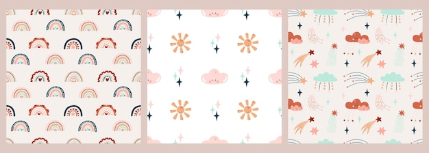 Cute set Bohemian seamless patterns with sun rainbow heart clouds