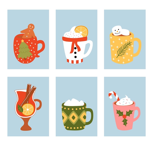 Vector cute set card winter cozy hot drink hot chocolate hot cocoa hot mulled wine for christmas and new year postcard typography poster vector illustration in flat style