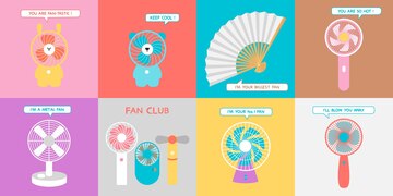 Rullesten ifølge gået vanvittigt Premium Vector | Cute set of cards with hand fans funny inscriptions flat  style electric fan icons