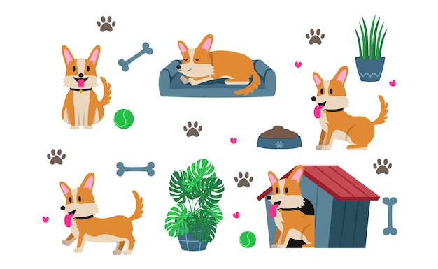 Cute set of cartoon animals Corgi dog puppy activity stickers flat illustration with ball, bone, footprint,