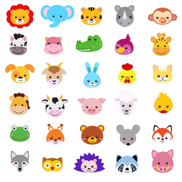 Cute set of cartoon animals stickers Vector illustration farm animals