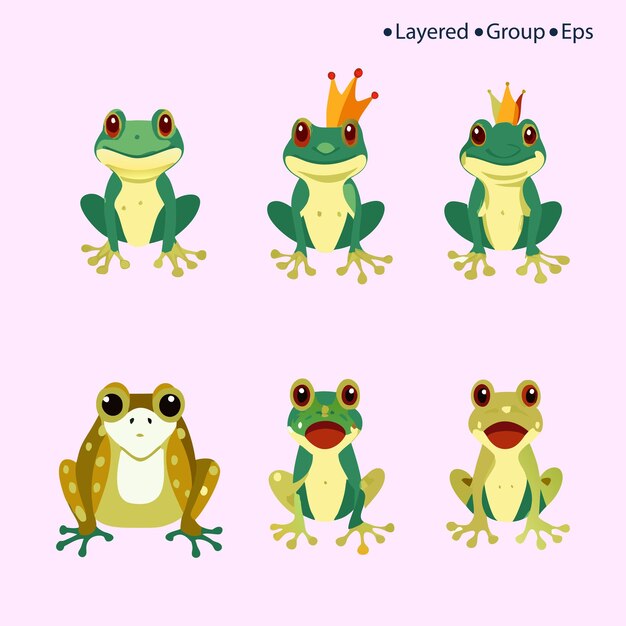 Vector cute set of cartoon frogs adorable little frogs are smiling sadsimple vector illustration in flat