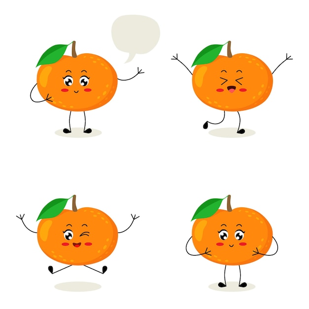 Cute set of cartoon mandarin character in different poses and emotion