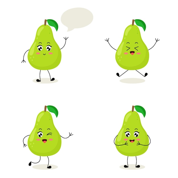 Cute set of cartoon pear character in different poses and emotion