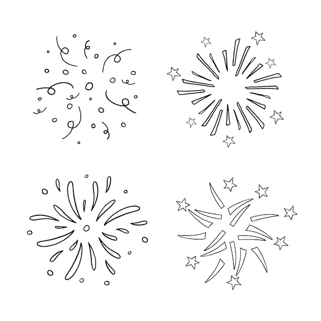 Vector cute set of celebration fireworks in doodle style fireworks confetti star drop