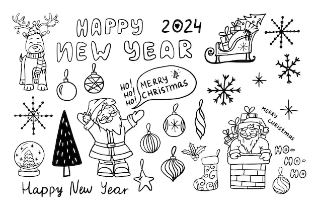 Cute set of Christmas and New Year elements in doodle style Good for greeting card Hand drawn