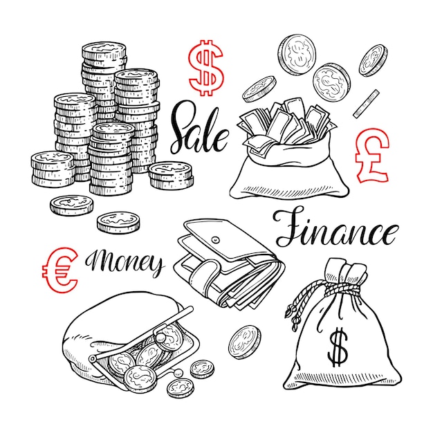 Cute set of coin, money, finance. hand-drawn illustration