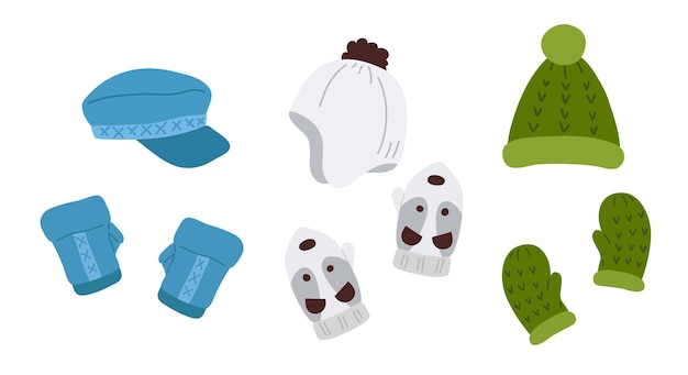 Vector cute  set of colorful winter various hats and gloves in pair