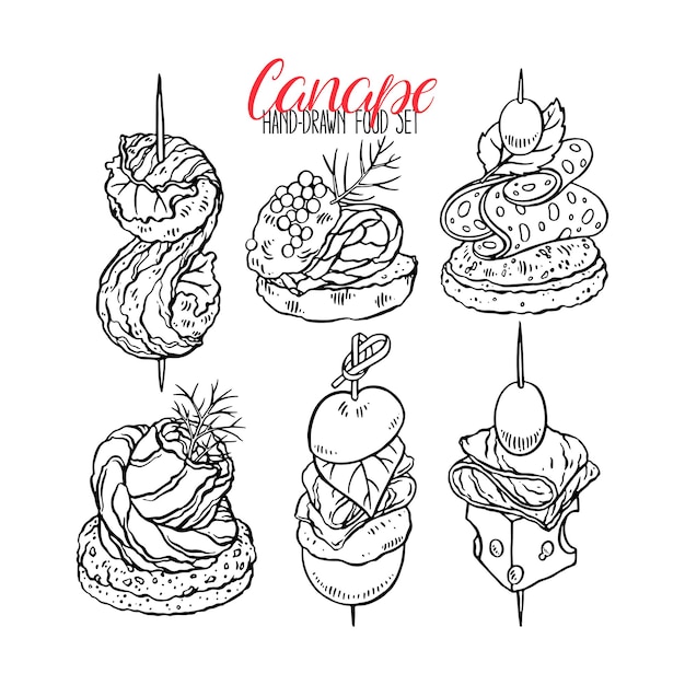 Cute set of different canapes. hand-drawn illustration