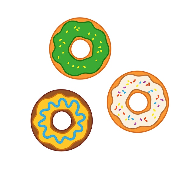Cute set of donuts with colorful cream, lemon, cream and kiwi. Vector illustration of a cake in a cartoon childish style. Isolated funny bakery clipart on white background. cute kitchen print.