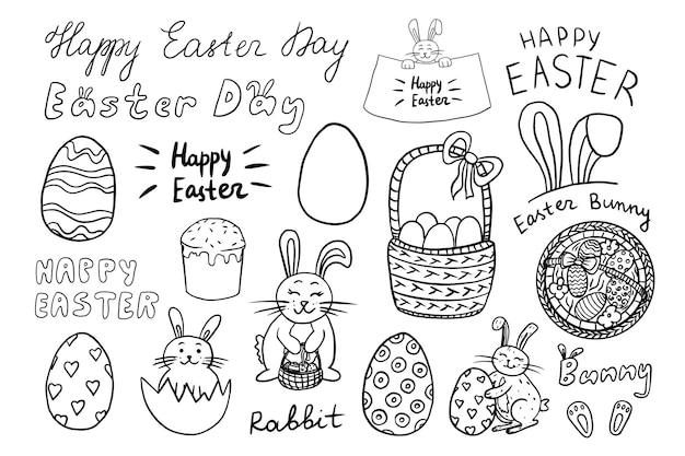 Vector cute set of easter theme elements in doodle style bunny rabbit basket of eggs eggs with patterns