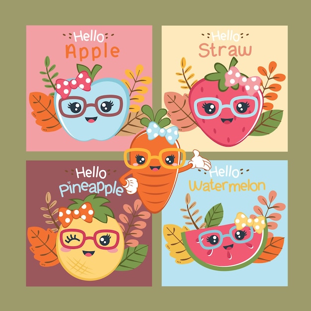 Cute set and fresh fruit vector illustration