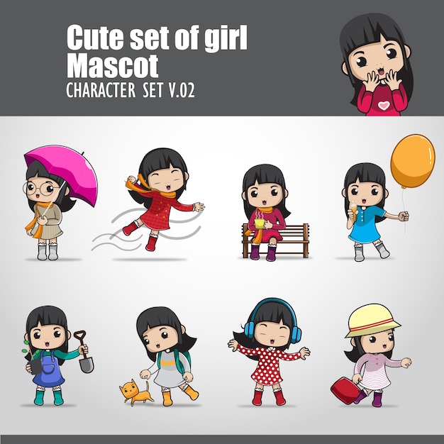 Cute set of girl mascots illustration