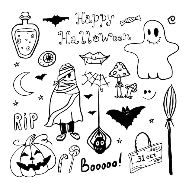 Vettore carino set di clip di halloween divertente carina illustrazione vettoriale eps10 in stile doodle