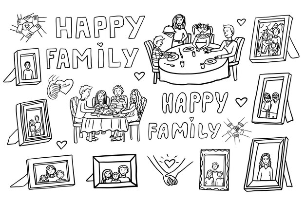 Vector cute set of happy family family having dinner picture frames with family portraits family members