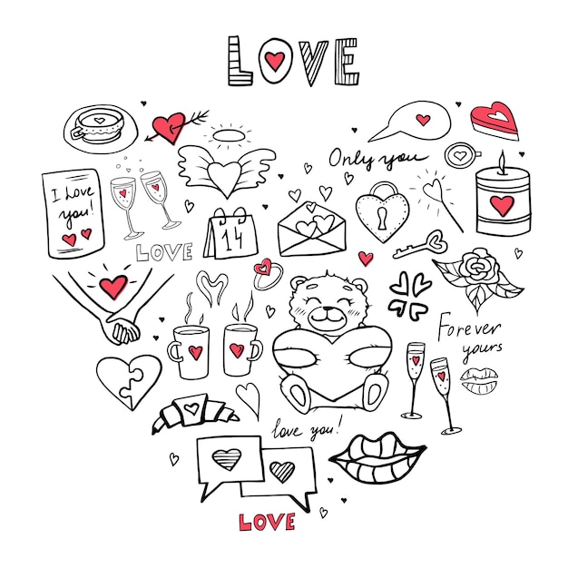 Vector cute set of heart shaped vector elements with love letters heart icon envelopes teddy doodle style