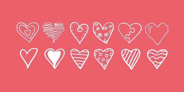 Cute set of hearts in doodle style Hand drawn vector illustration EPS10Isolated on pink background