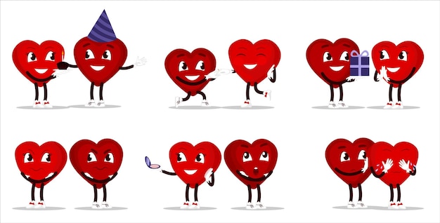 Simpatico set di personaggi dei cartoni animati divertenti di san valentino per le vacanze di cuori emoji amano le coppie di cuori rossi