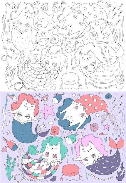 Vettore simpatico set di gatti sirena a colori, conchiglie, tema marino, illustrazione per bambini