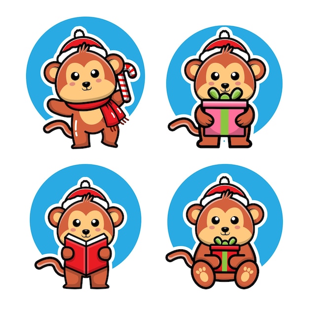 Cute set monkey celebrating christmas vector illustration