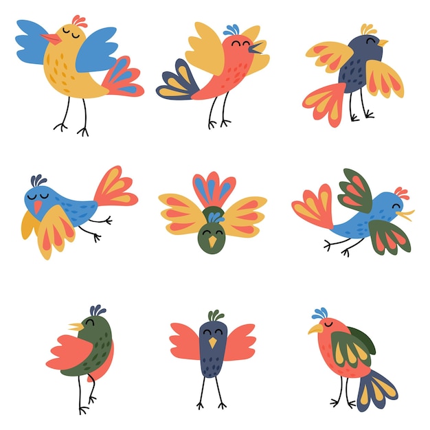 Симпатичный набор птиц в разных позах в плоском стиле коллекция летающих и стоящих птиц изолирована на