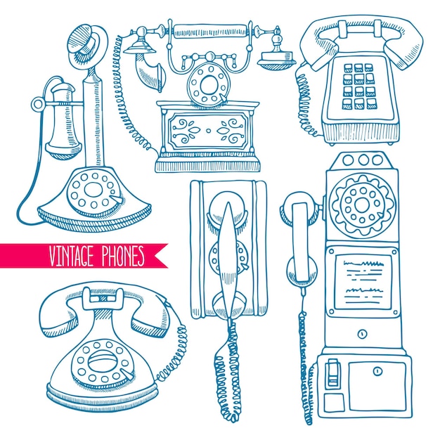 Вектор Милый набор эскизов старинных телефонов. рисованная иллюстрация