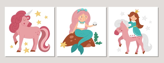 Симпатичный набор квадратных сказочных открыток с принцессой на розовом коне, русалкой, единорогом. векторные шаблоны для печати сказок с милыми девчачьими персонажами.