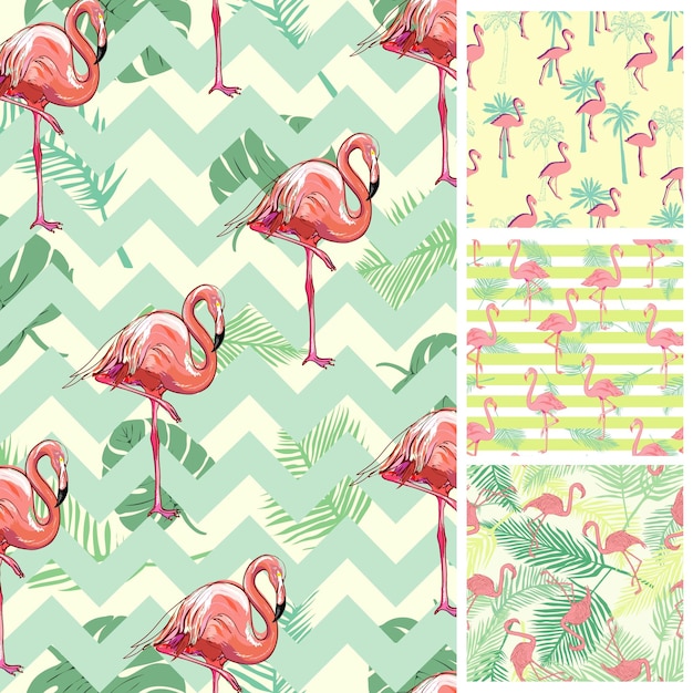 Cute set of Pink Flamingo tropical vibes seamless patterns