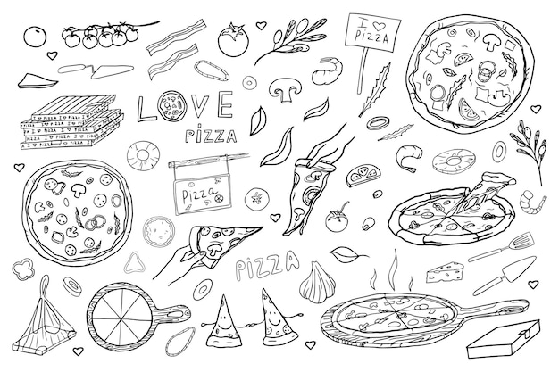 Cute set of pizza Italian cuisine pizza ingredients slice of pizza pizza box I love pizza