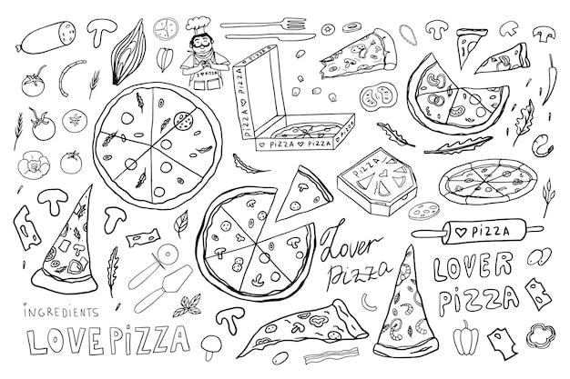 Vector cute set of pizza italian cuisine slice of pizza pizza box satisfied cook pizza lover doodles