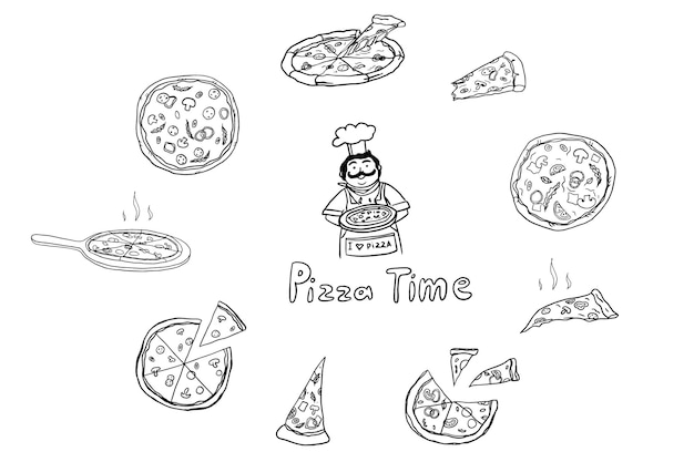 Set carino di pizza cucina italiana fetta di pizza e cuoco soddisfatto tempo di pizza stile doodle