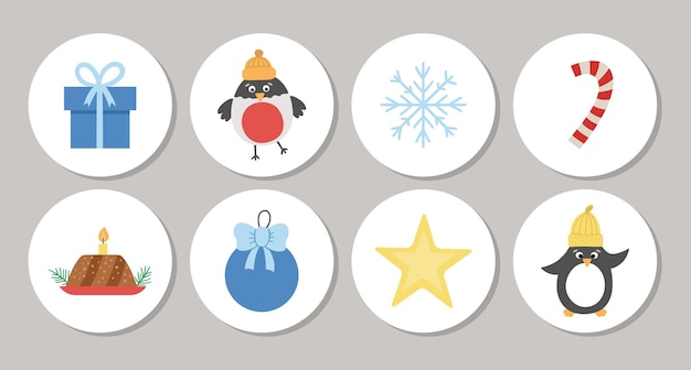 Cute set of round christmas highlight icons or card designs with bird, present, penguin, star, bullfinch, snowflake. vector winter holiday pin or badge design isolated on white background