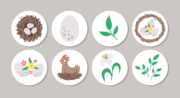 Cute set of round easter highlight icons or card designs with nest eggs flowers hen vector spring holiday pin or badge design isolated on white background xa